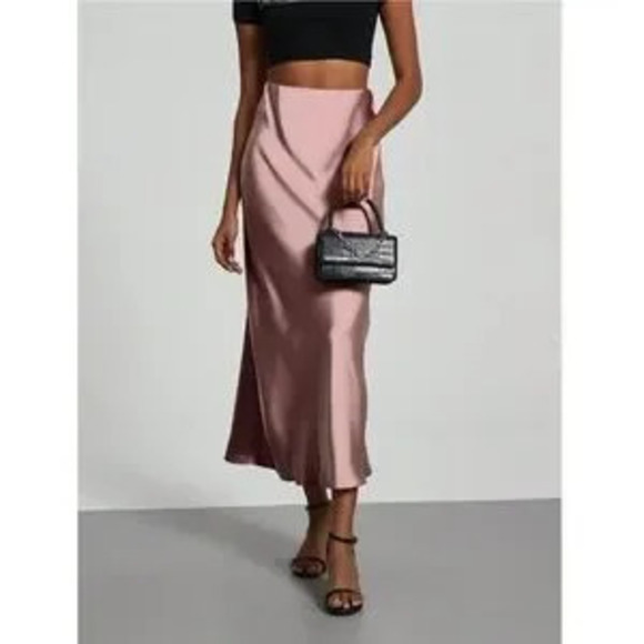 Dusty Pink Satin A-Line Skirt High Waisted Long - Picture 5 of 5